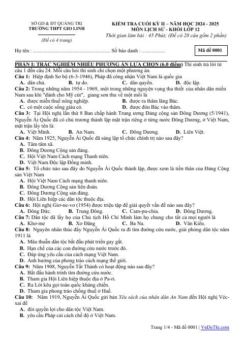 Đề thi Học kì 2 Lịch sử 12 năm 2024-2025 trường THPT Gio Linh (Quảng Trị)